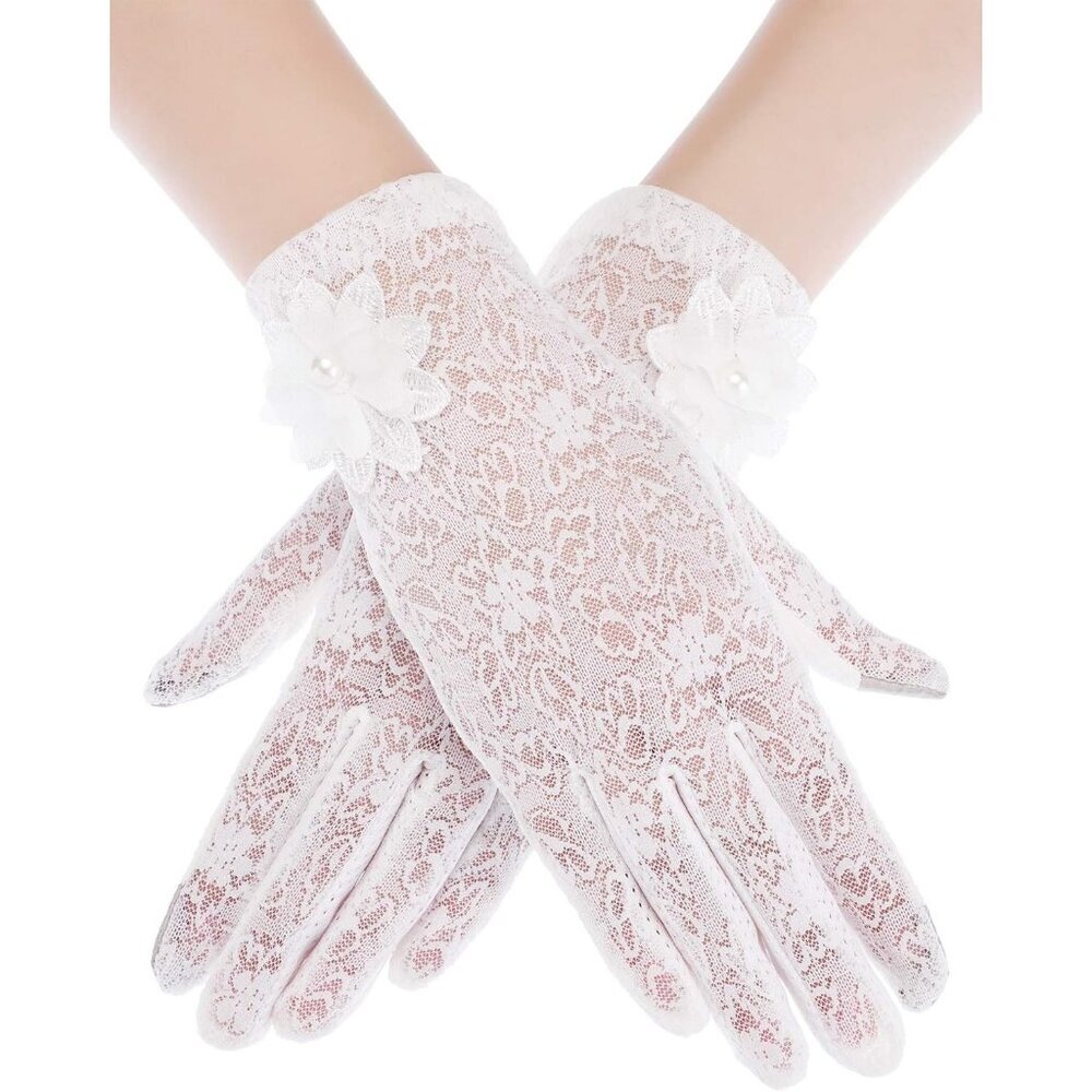 Women's White Fingerless Floral Short Lace Gloves Party Tea Halloween Wedding